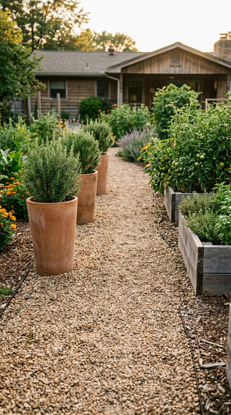 Three matching terracotta pots of clipped rosemary spaced along a gravel garden path