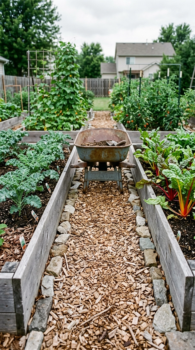 Four-foot cedar chip path running between two raised beds of kale and rainbow chard