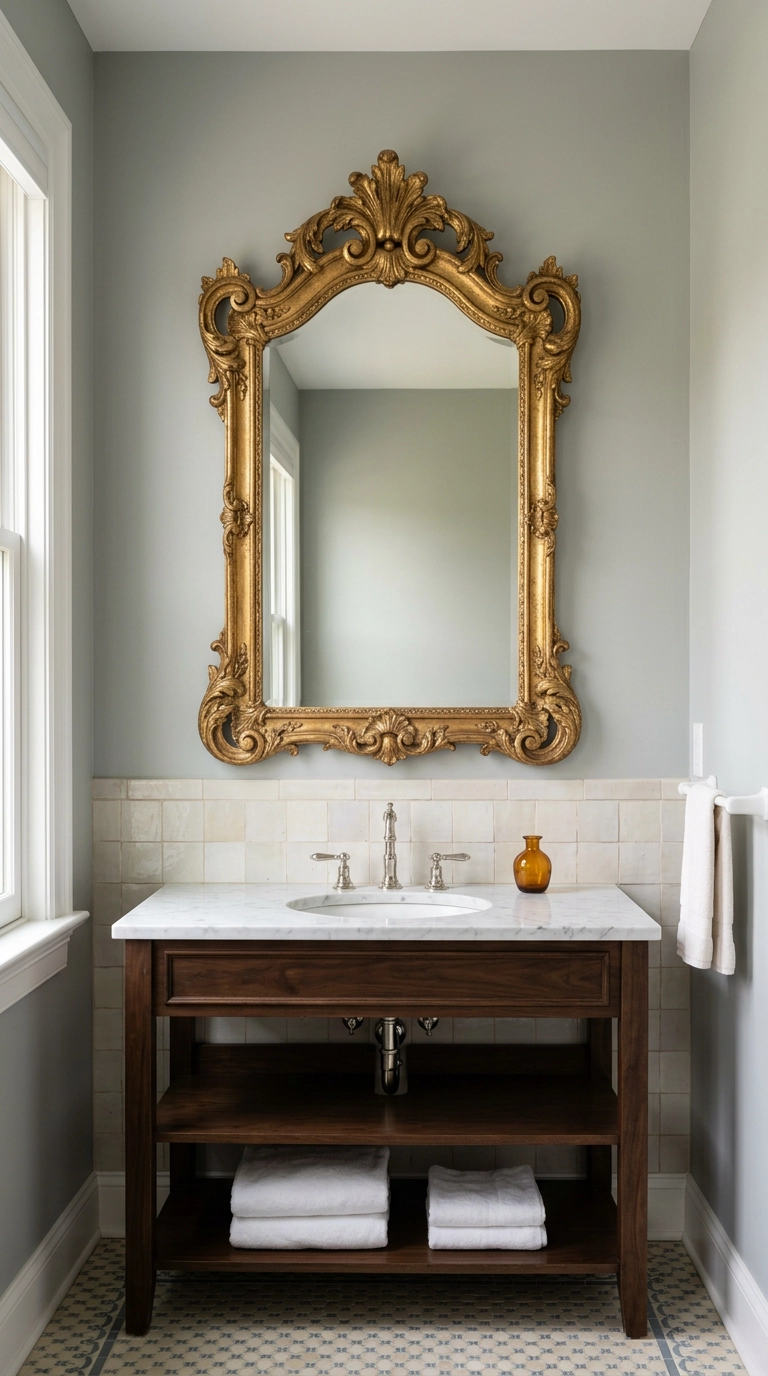 Over-scaled gilded antique mirror above a white console sink in a sage Victorian bathroom
