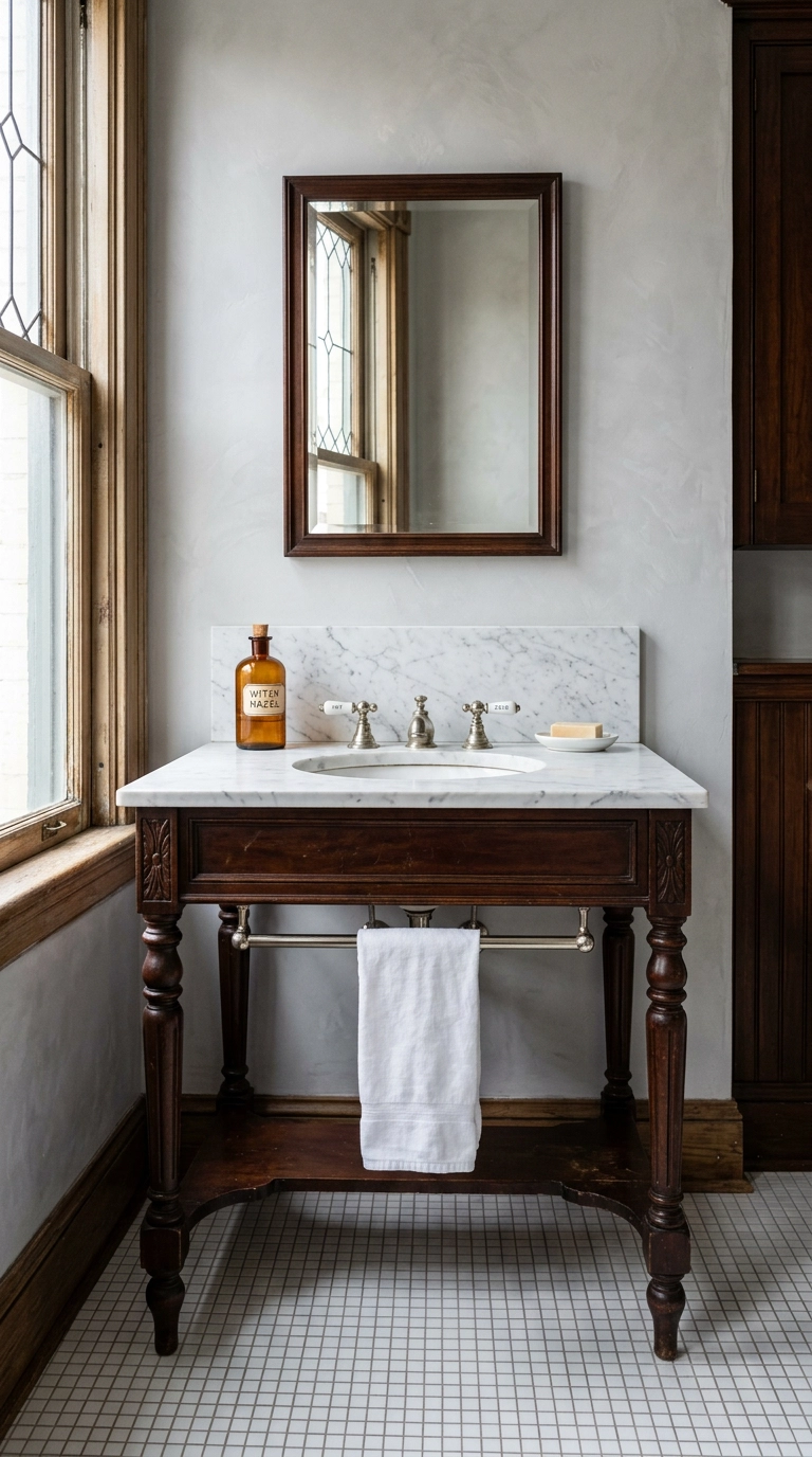 Antique mahogany washstand with marble top and porcelain basin in a Victorian bathroom