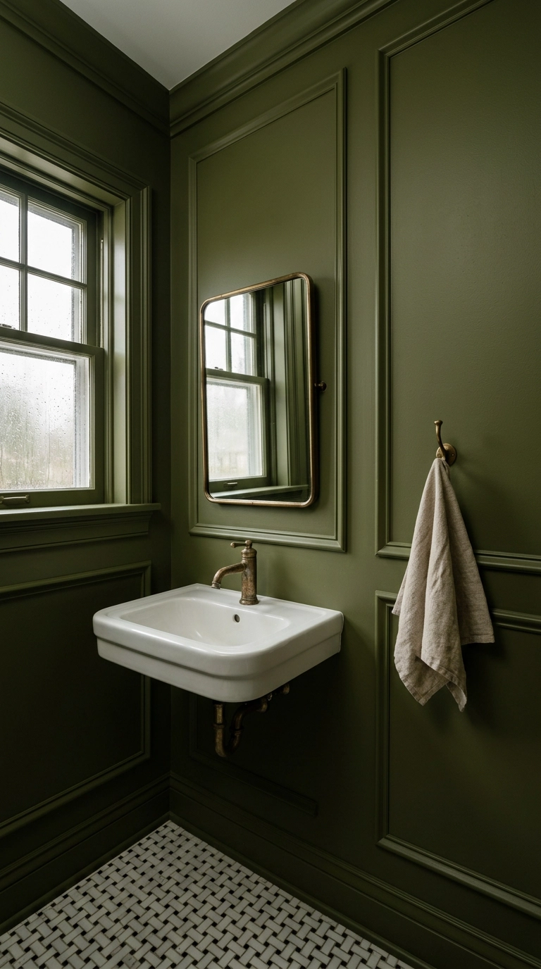 Olive green picture frame molding panels on the walls of a Victorian bathroom