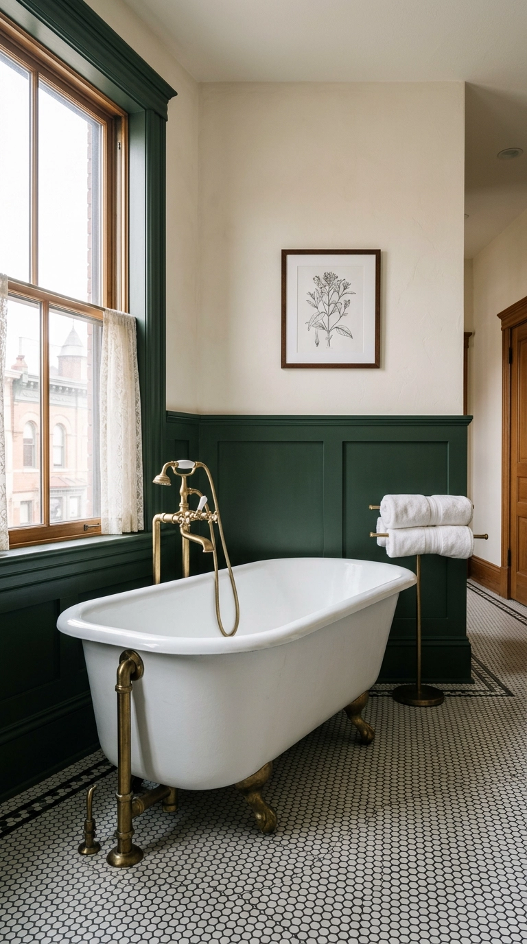 Victorian bathroom with deep green wall paneling and a white clawfoot tub on hexagon tile