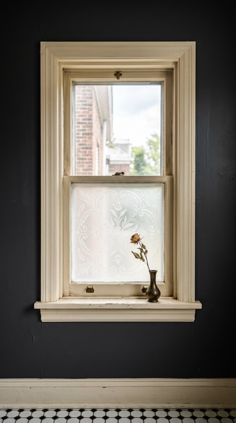 Acid-etched frosted glass in the lower sash of a Victorian bathroom window