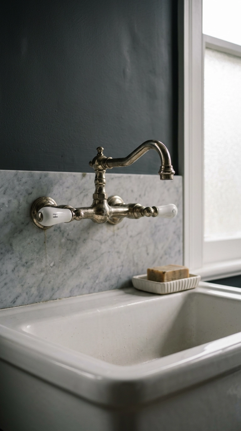 Wall-mounted aged nickel bridge faucet above a bone white fireclay basin