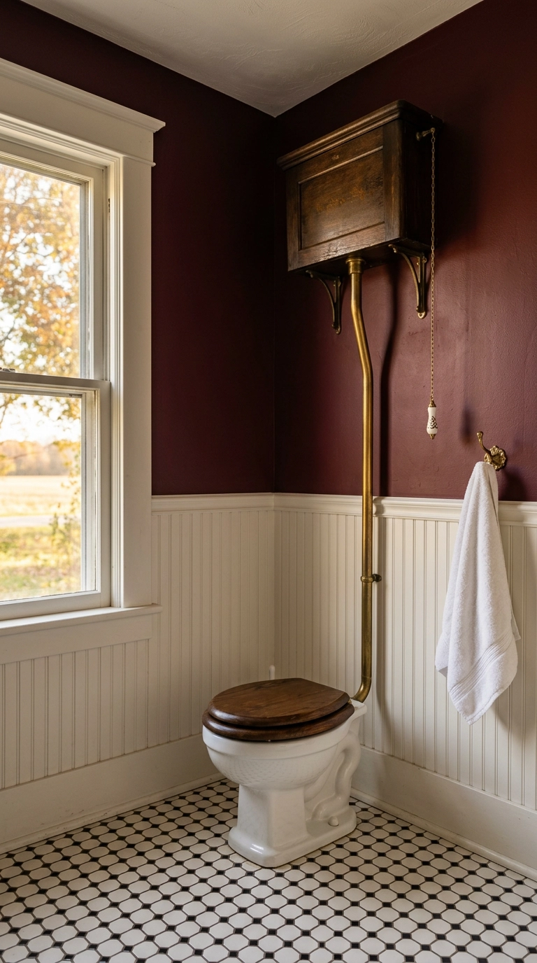 Victorian high-tank toilet with oak cistern and brass pull chain in a burgundy bathroom