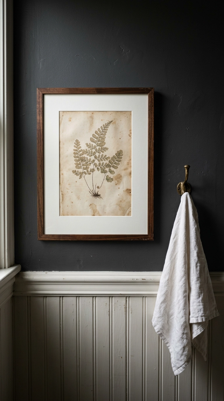 Antique sepia fern botanical print in a walnut frame hung low on a charcoal wall