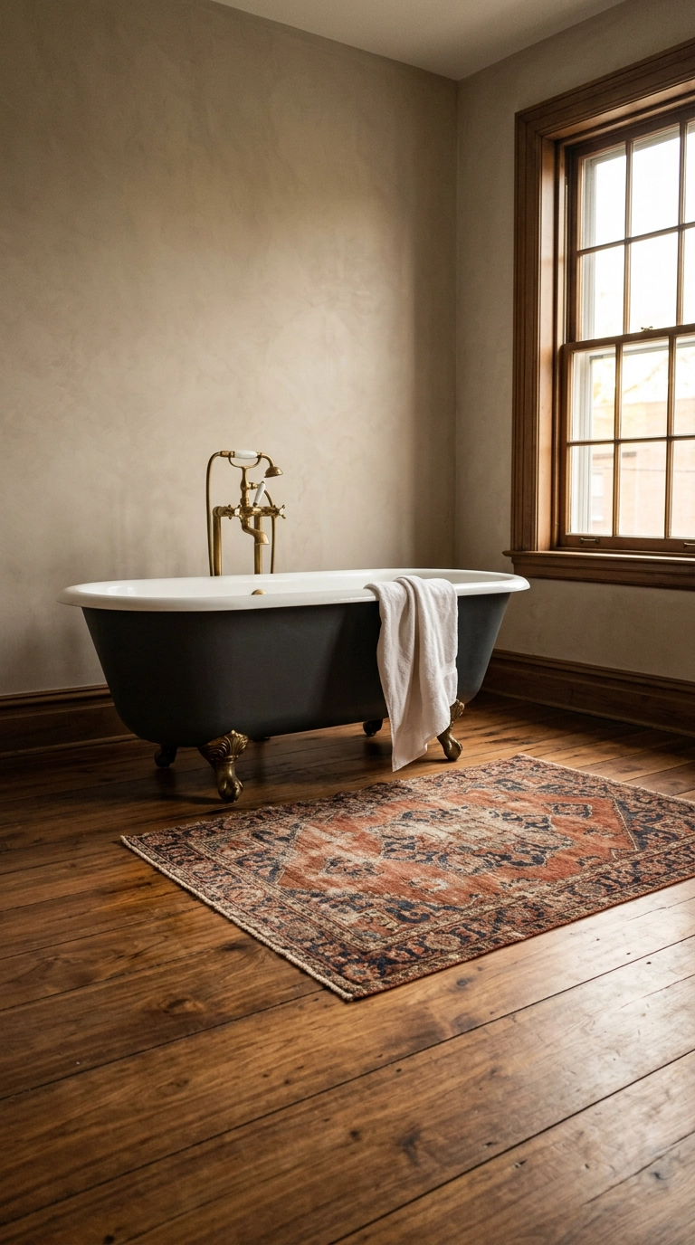 Faded antique Persian rug on wood floor beside a charcoal clawfoot tub in a Victorian bathroom