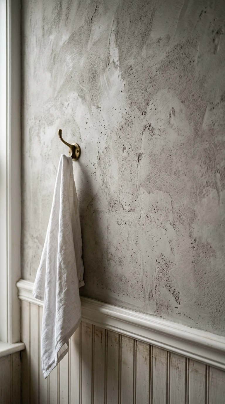 Bare mottled lime plaster wall above bone white beadboard wainscoting