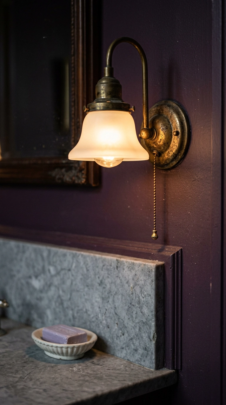 Aged brass pull-chain wall light with a frosted schoolhouse shade above a marble washstand