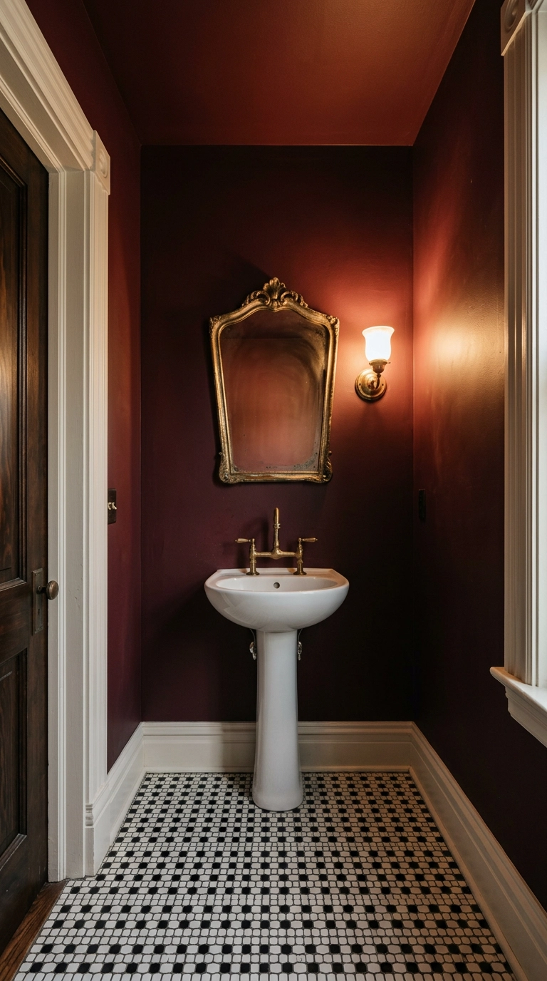 Small Victorian powder room with deep oxblood walls and ceiling above hexagon tile