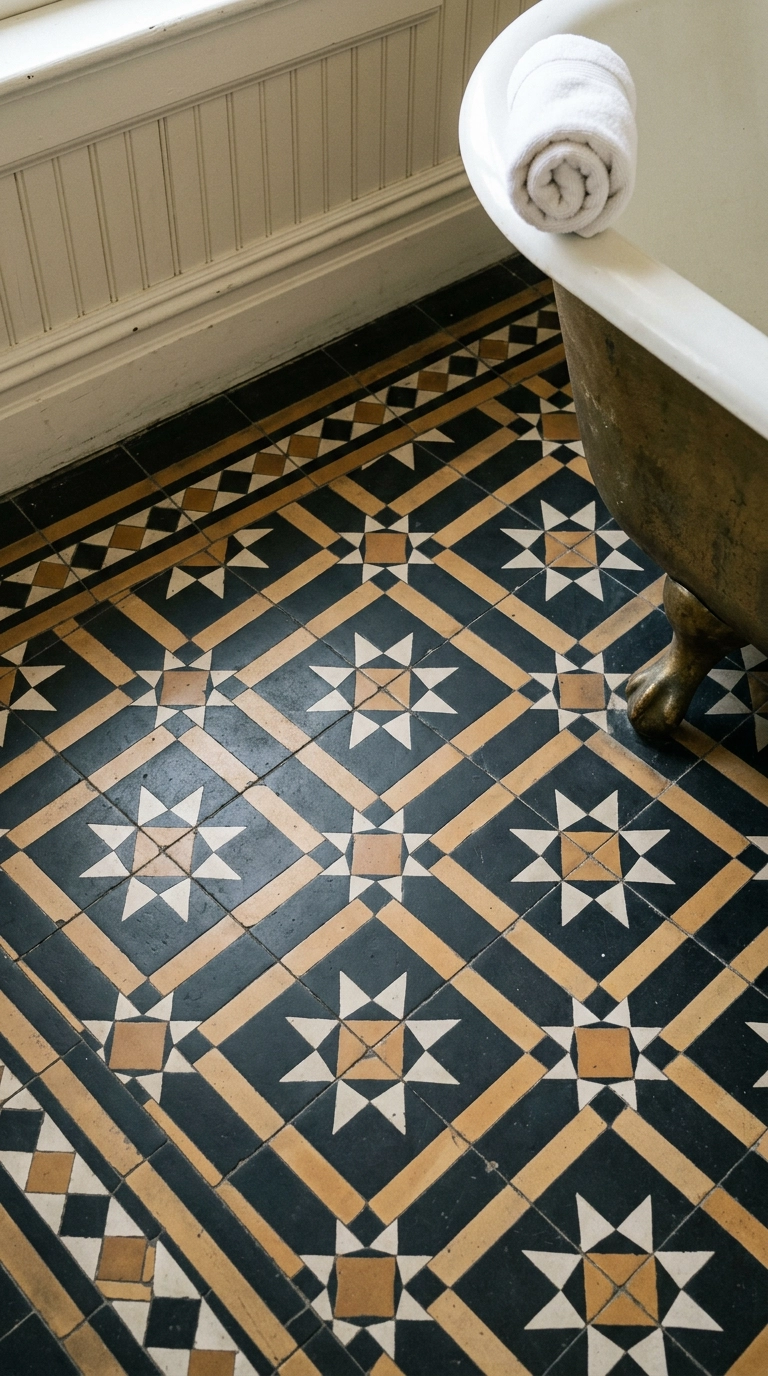 Geometric encaustic cement floor tile in black ochre and white in a Victorian bathroom