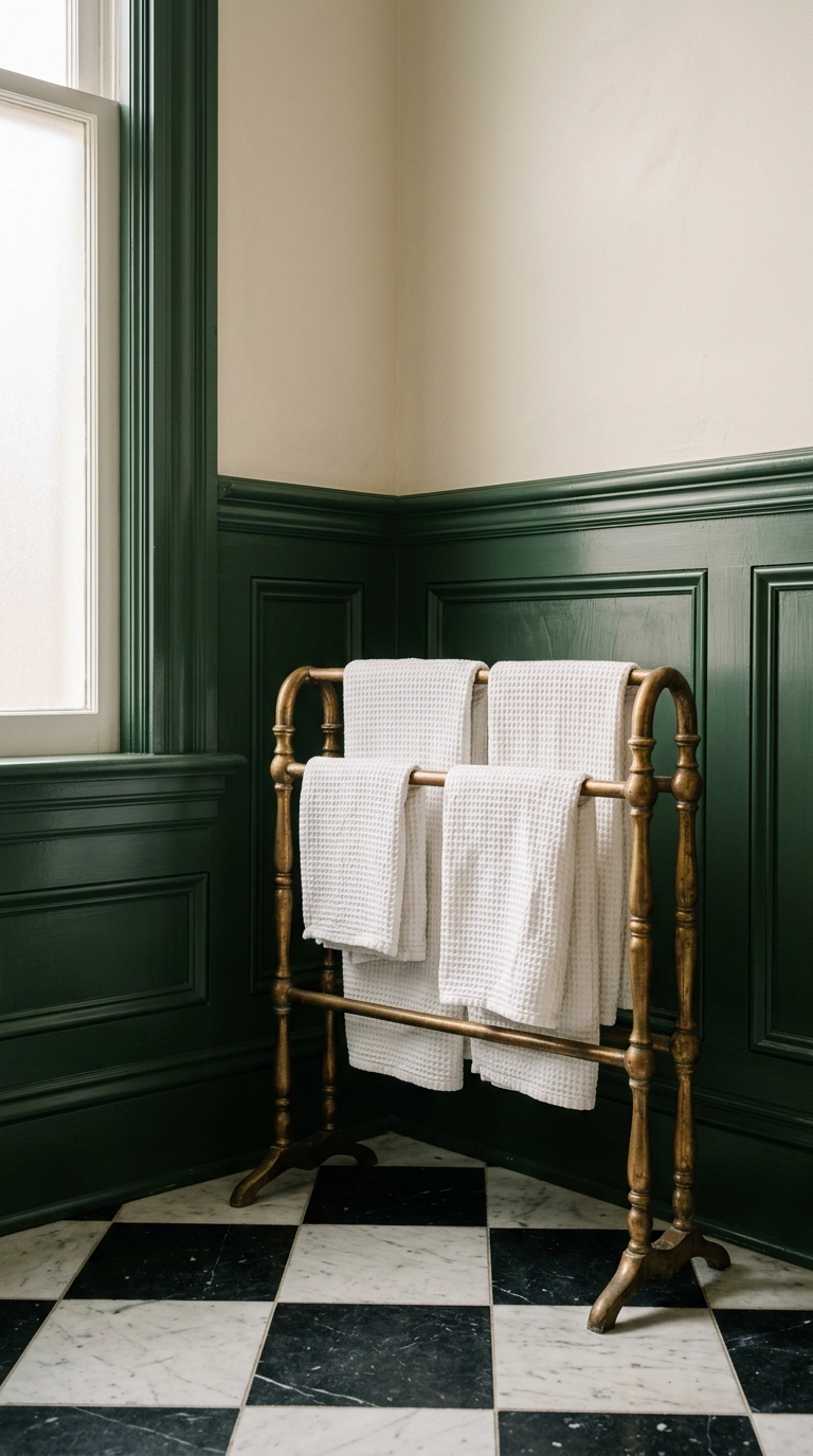Freestanding aged brass towel rail with white waffle-weave towels on checkerboard tile