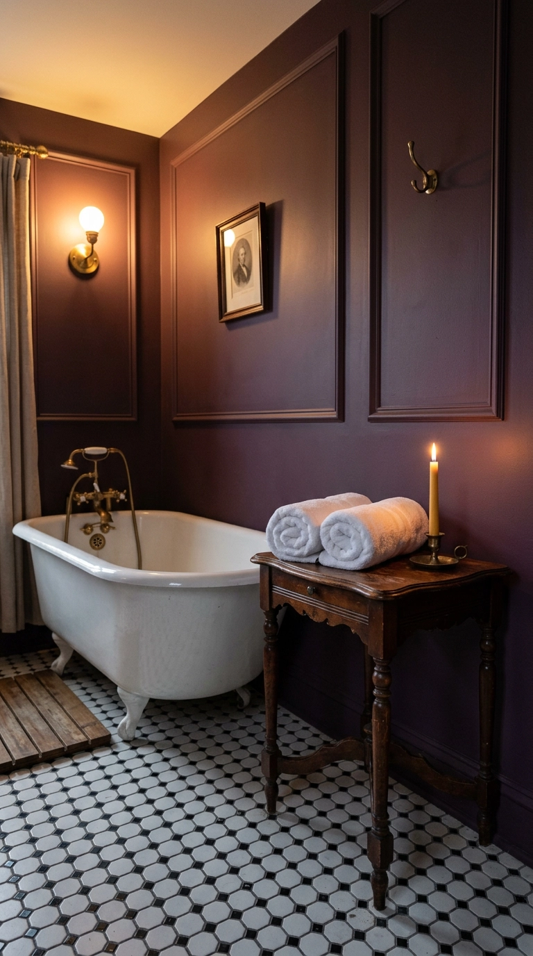 Antique mahogany side table with rolled towels beside a white clawfoot tub