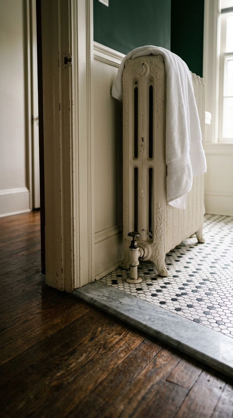 Marble threshold between oak floorboards and hexagon tile beside a white cast iron radiator