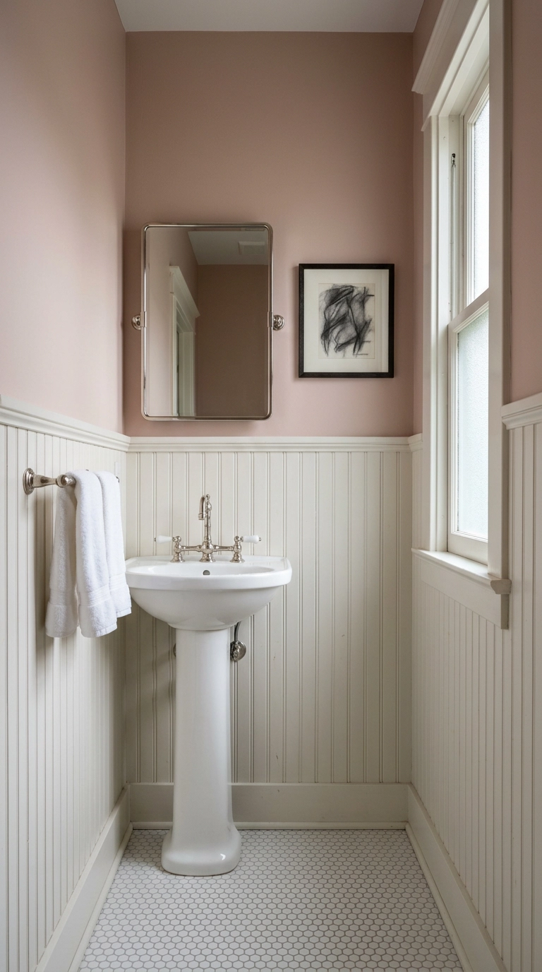 White beadboard wainscoting with clay pink walls in a narrow Victorian bathroom