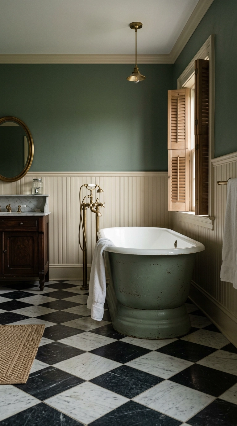 Sage green skirted roll-top cast iron tub on diagonal checkerboard marble tile