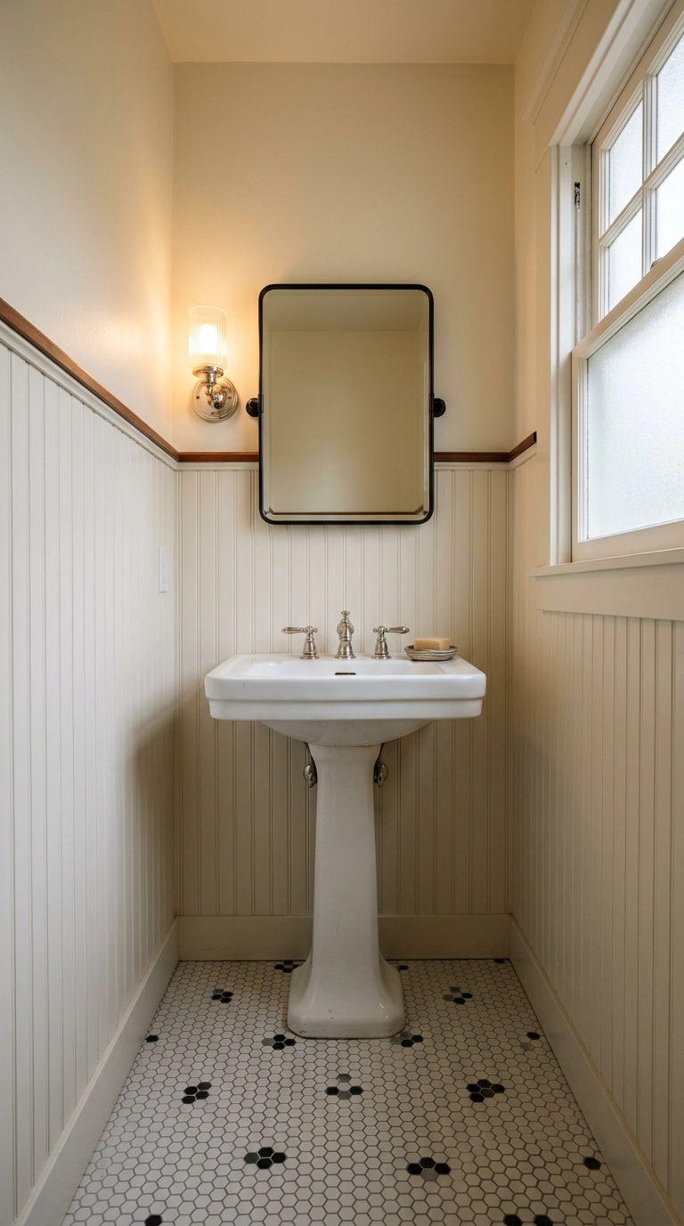 Victorian powder room with black and white hexagon floor tile and a white pedestal sink