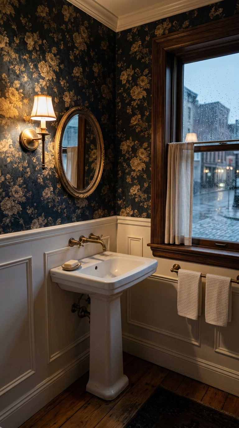 Victorian bathroom with dark navy floral wallpaper above white wainscot paneling