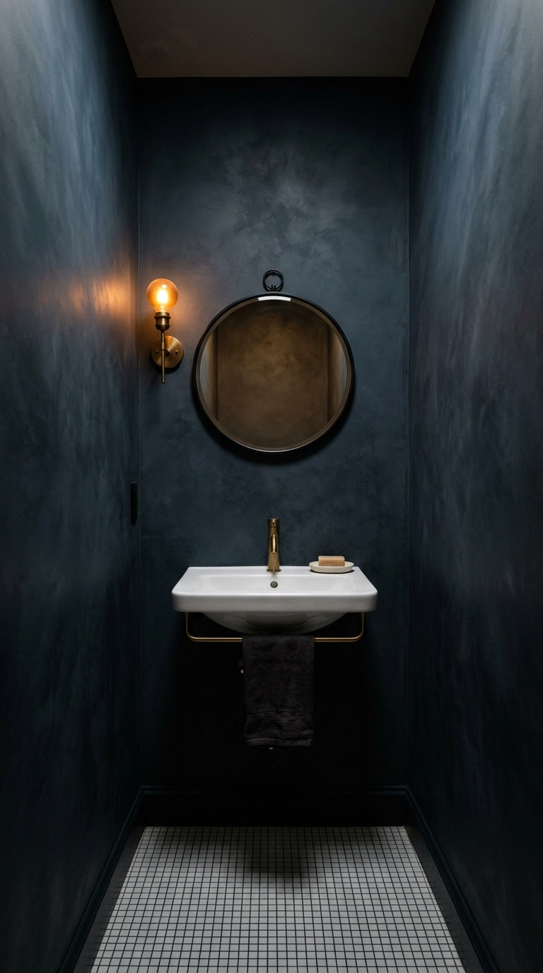 Small Victorian powder room with floor-to-ceiling deep charcoal blue walls and brass sconce