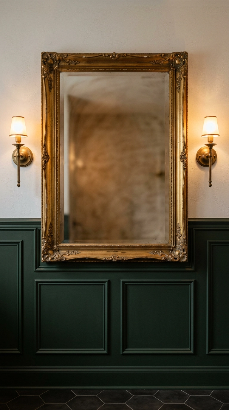 Two aged brass sconces flanking a gilded mirror above green paneled wainscoting