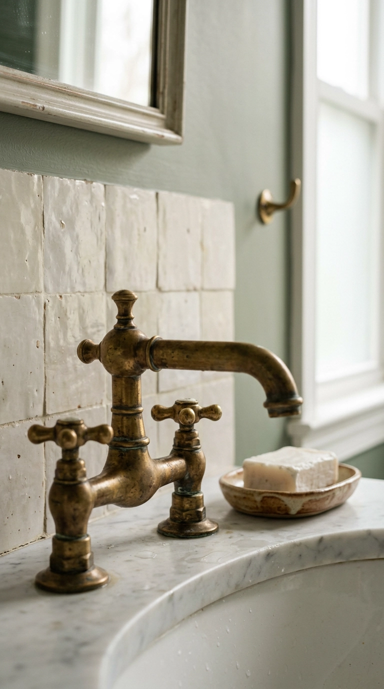 Unlacquered brass cross-handle faucet with natural patina on a marble bathroom counter