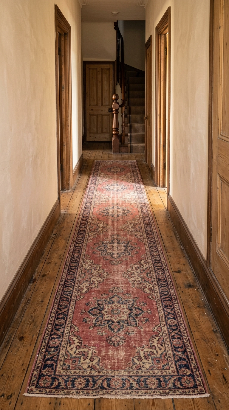 Faded antique Persian runner rug down the center of a Victorian hallway