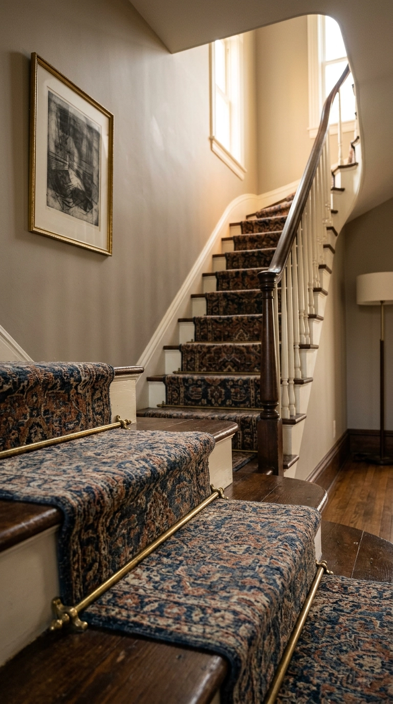 Victorian staircase with patterned wool stair runner secured by brass stair rods