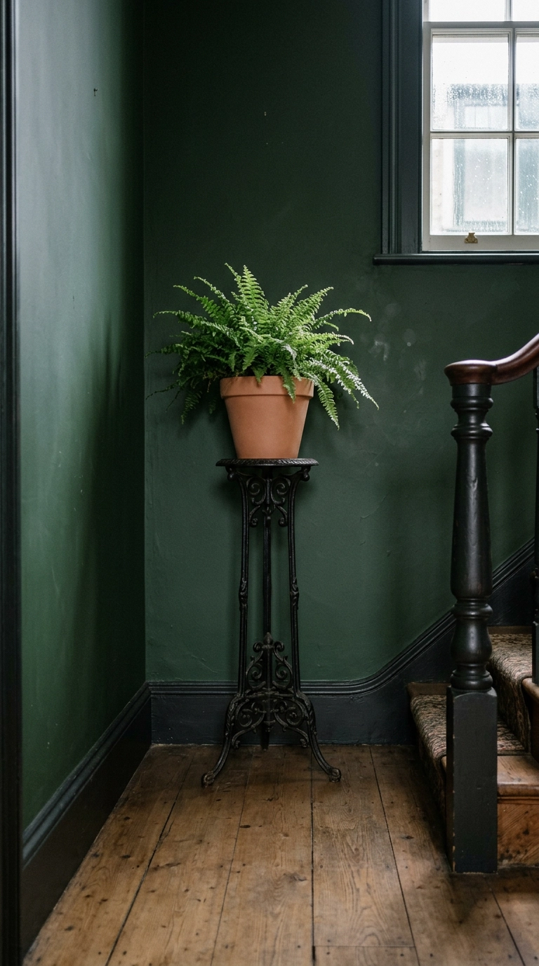 Cast iron Victorian plant stand with a single fern in a hallway corner