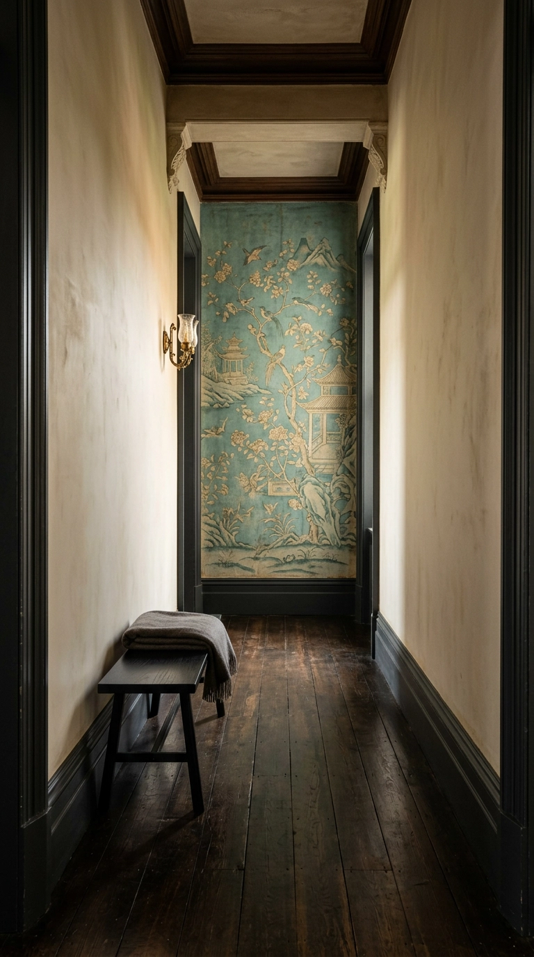 Victorian hallway with a teal chinoiserie mural wallpaper on the end wall