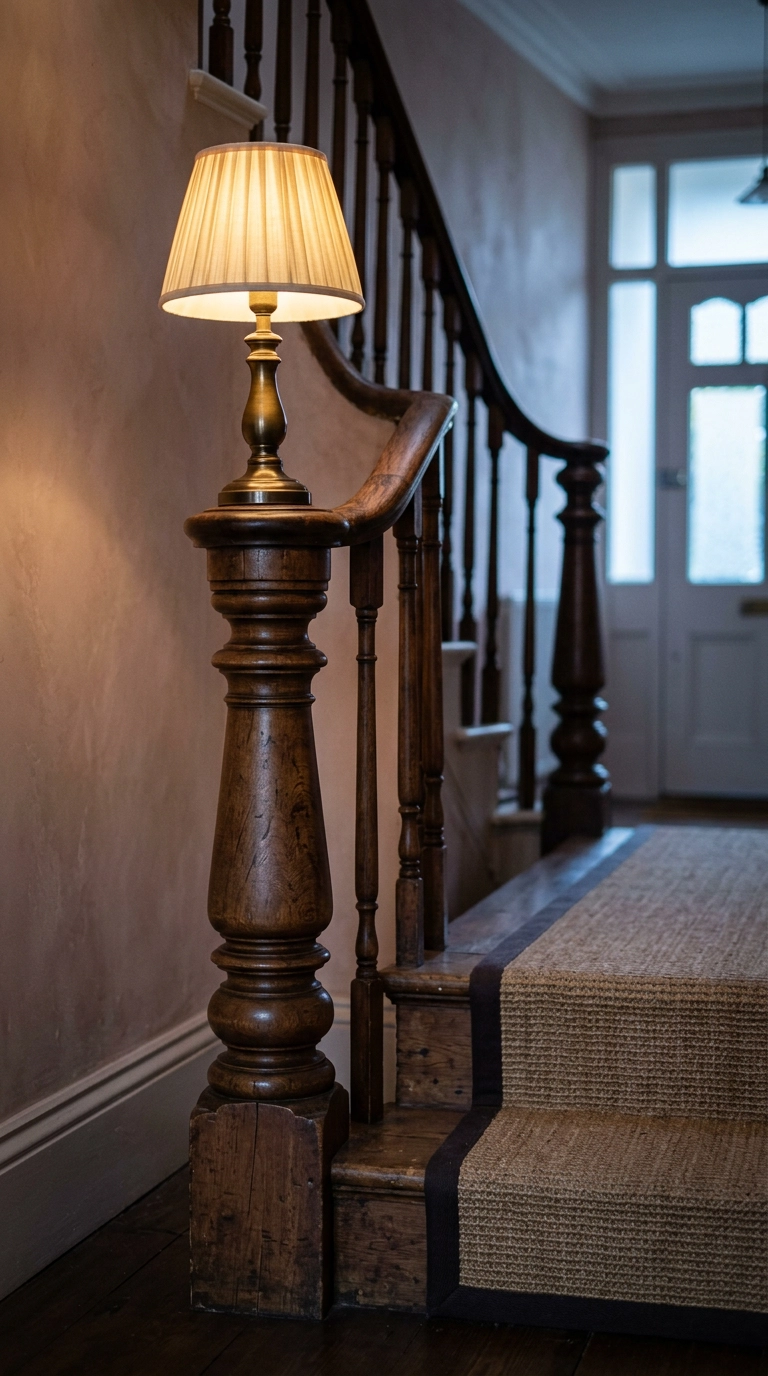 Small brass lamp with ivory shade on the turned newel post of a Victorian staircase