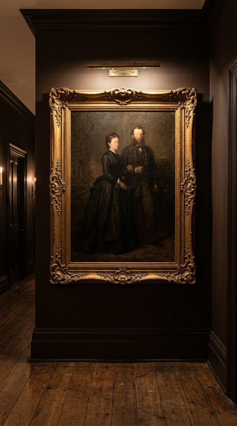 Antique portrait in a gilt frame lit by a brass picture light in a Victorian hallway