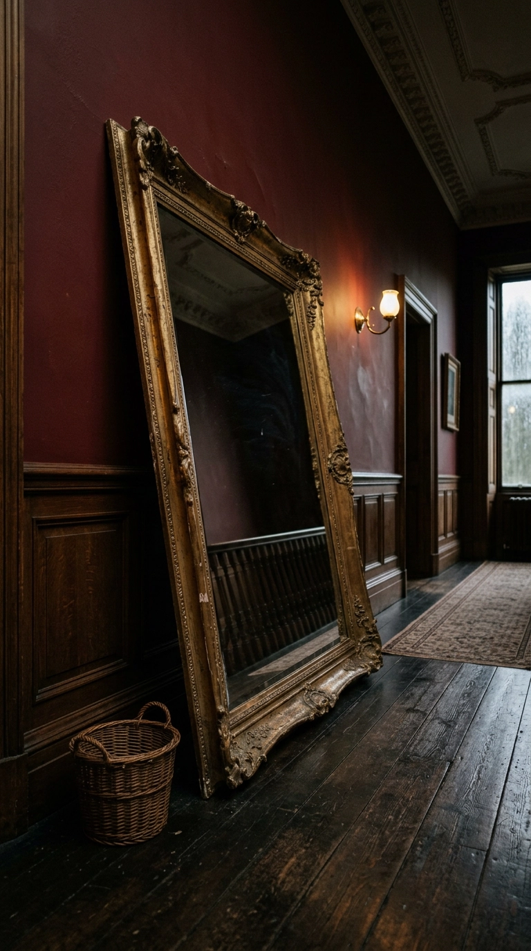 Large gilt overmantel mirror leaning against an oxblood wall in a Victorian hallway
