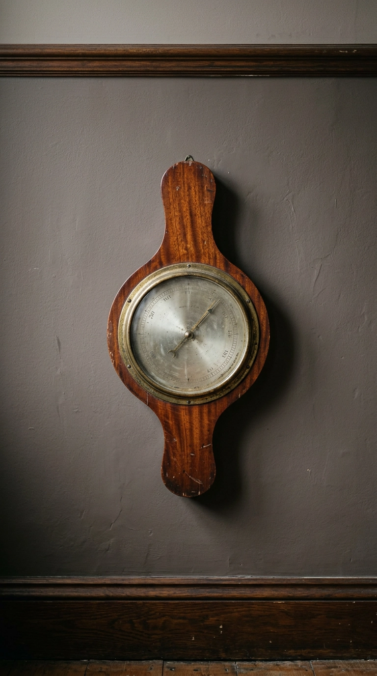 Antique mahogany banjo barometer hung on a Victorian hallway wall