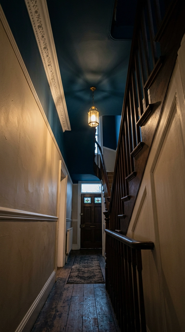 Victorian hallway with deep blue paint above the picture rail and ceiling