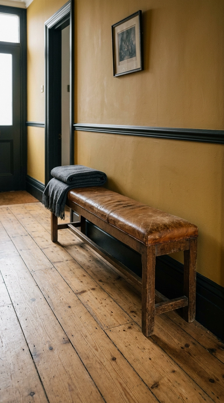 Long narrow leather-topped bench against the wall of a Victorian hallway