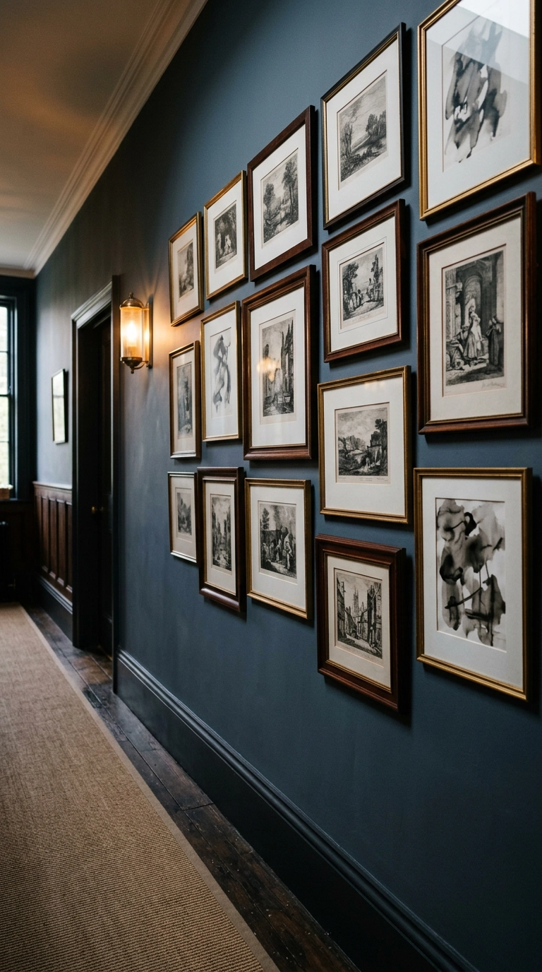 Salon-style gallery of small framed etchings on a slate-blue Victorian hallway wall