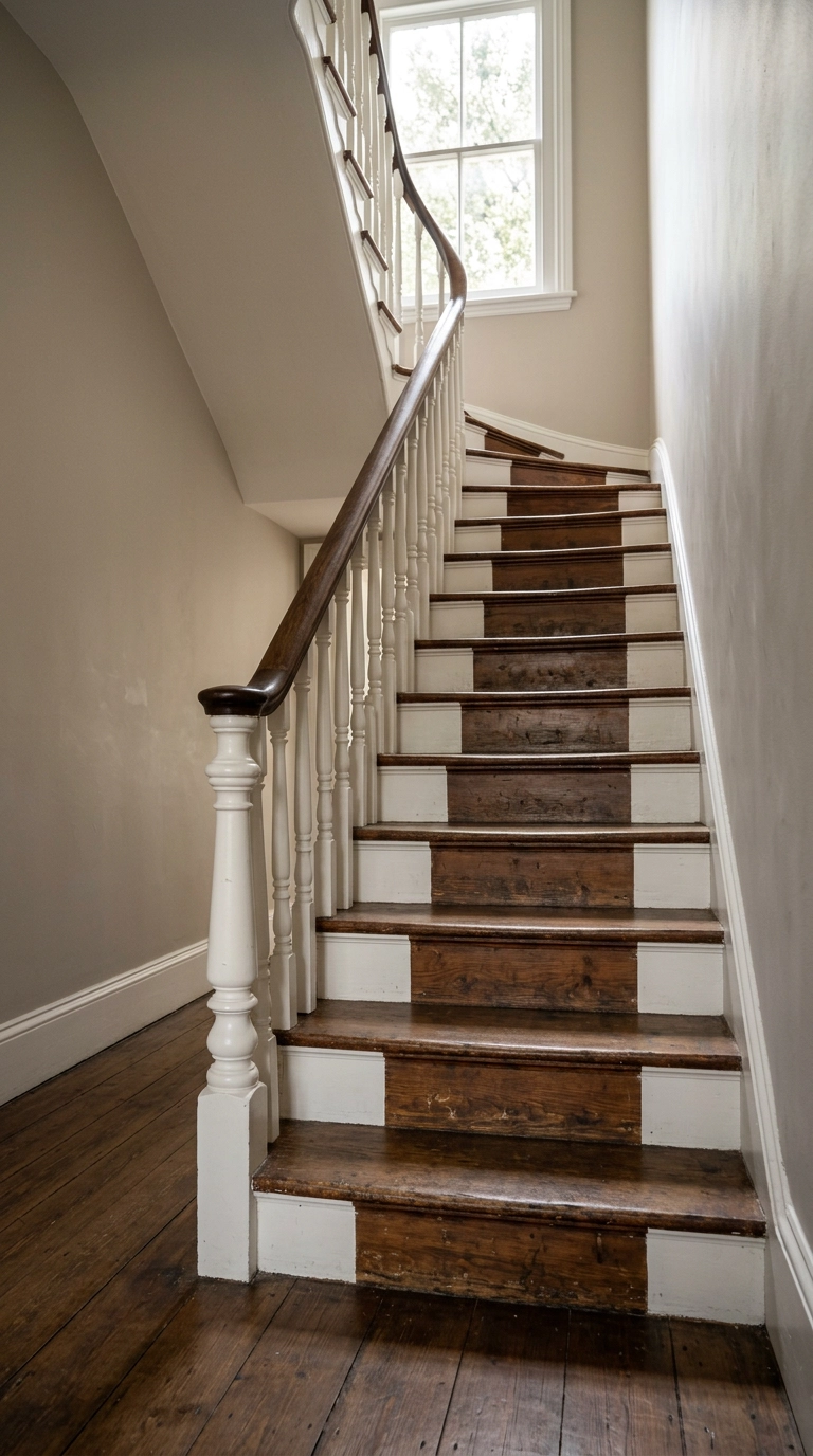 Victorian staircase with bare walnut treads and white painted risers