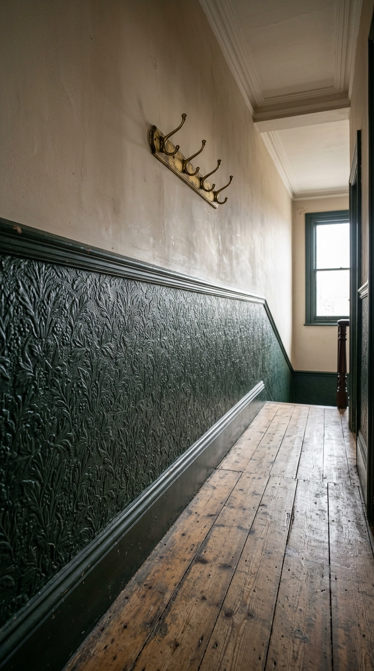 Victorian hallway with embossed anaglypta paneling below a dark green dado rail