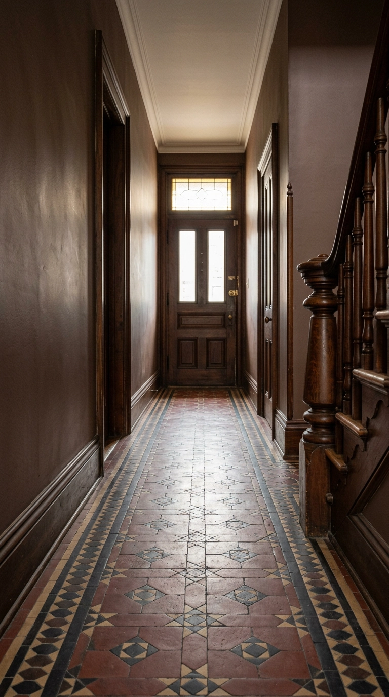 Victorian hallway with oxblood and cream geometric encaustic cement floor tile leading to the stairs
