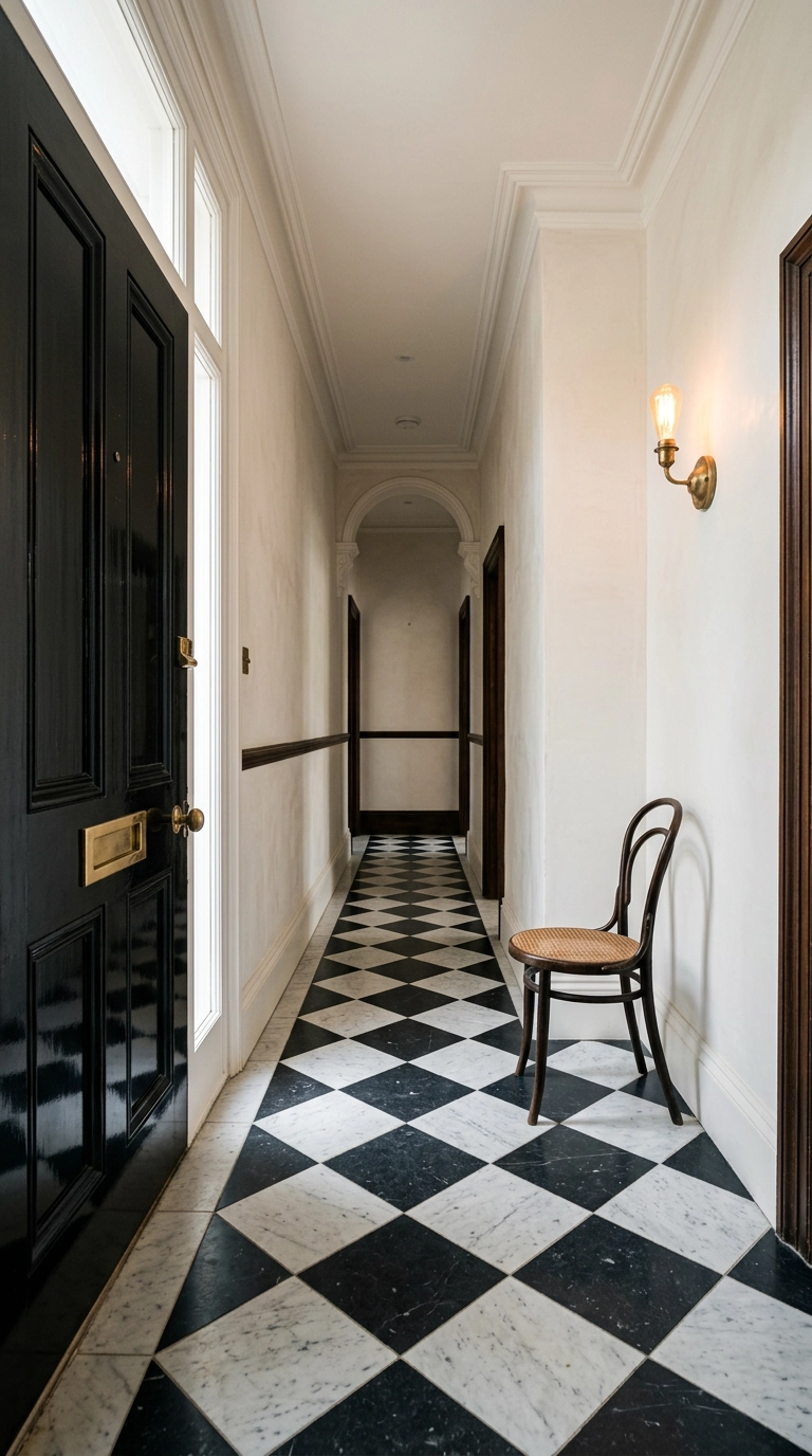 Victorian entry hall with black and white checkerboard marble floor laid diagonally