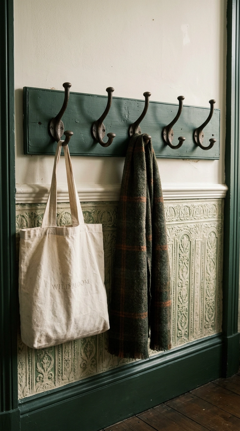 Cast iron coat hooks on a green painted board in a Victorian hallway