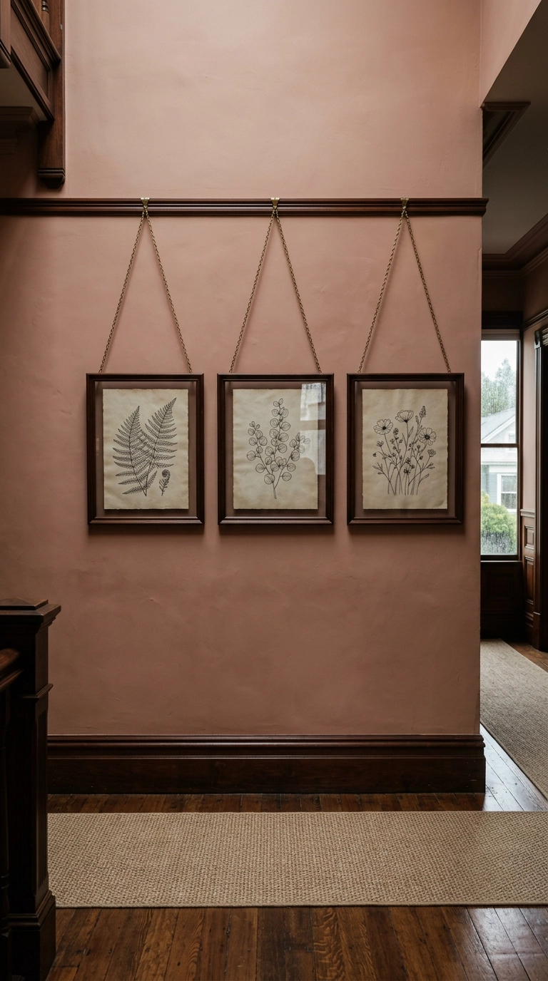 Framed art hung on brass chains from a picture rail in a Victorian hallway