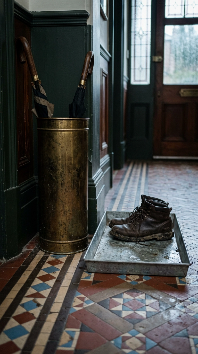 Brass umbrella stand and metal boot tray on tile in a Victorian entry hall