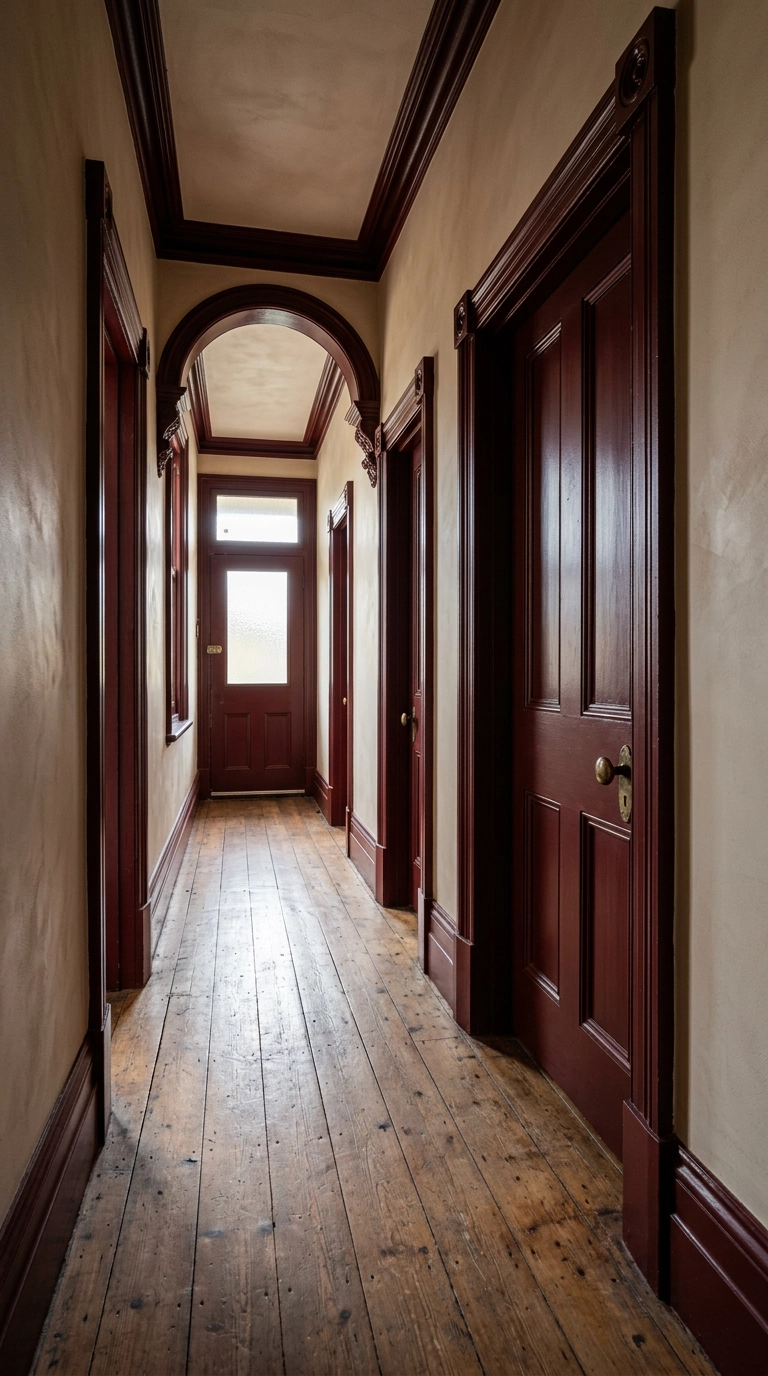 Victorian hallway with tall baseboards and door casings painted deep oxblood red