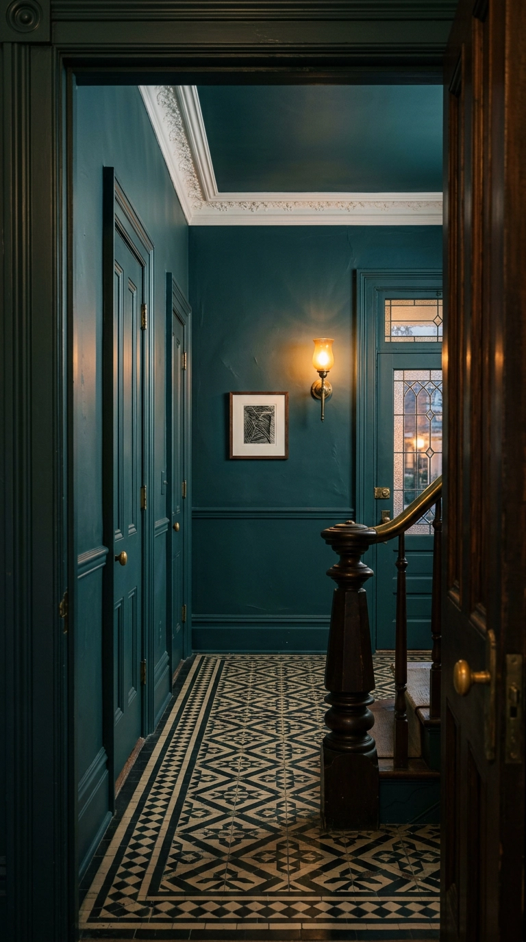 Victorian hallway color drenched in deep smoky teal with a geometric tile floor