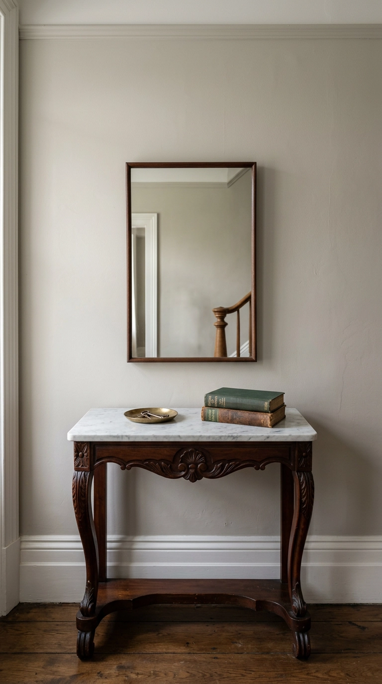Marble-top console table with mirror above in a Victorian hallway
