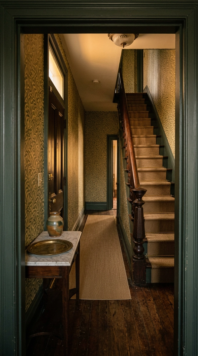 Victorian hallway papered in olive Morris-style willow pattern wallpaper
