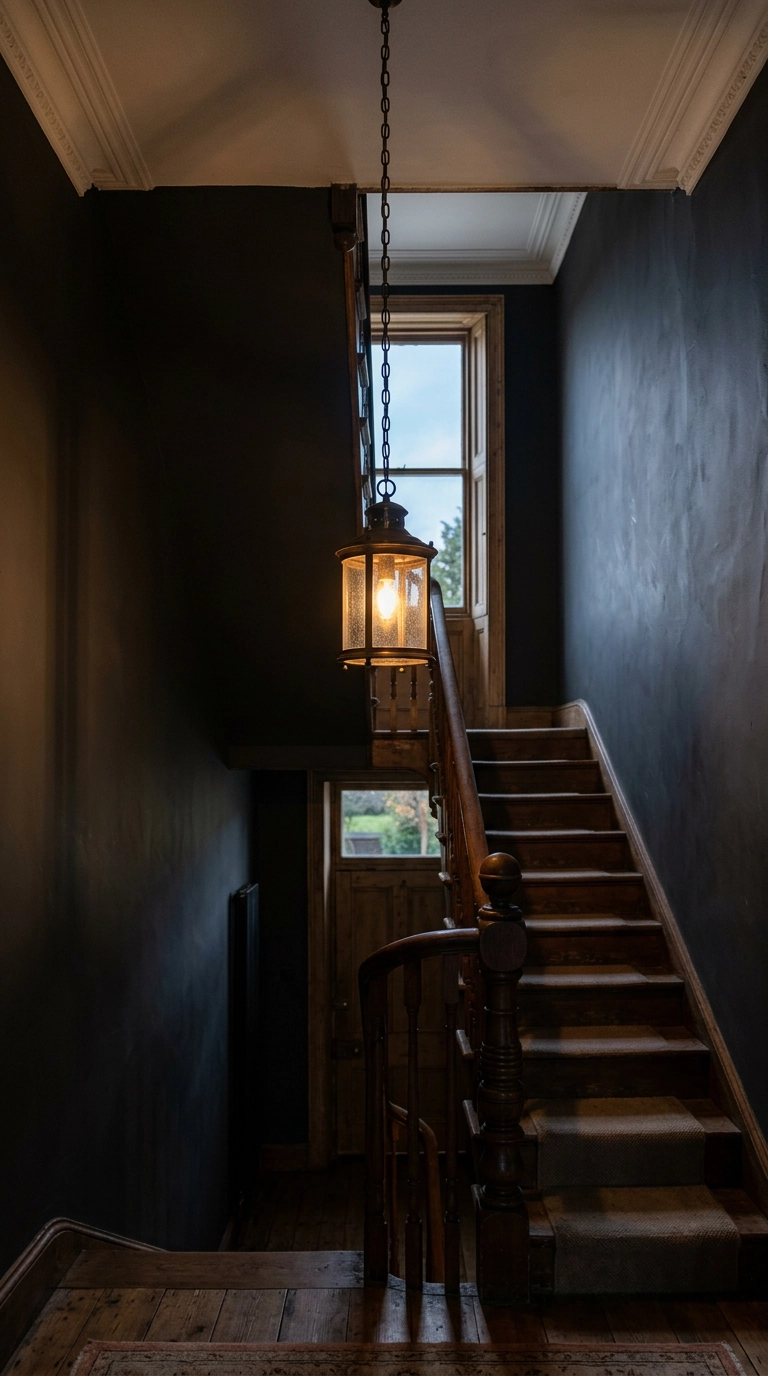 Bronze seeded-glass hall lantern hanging in a Victorian stairwell