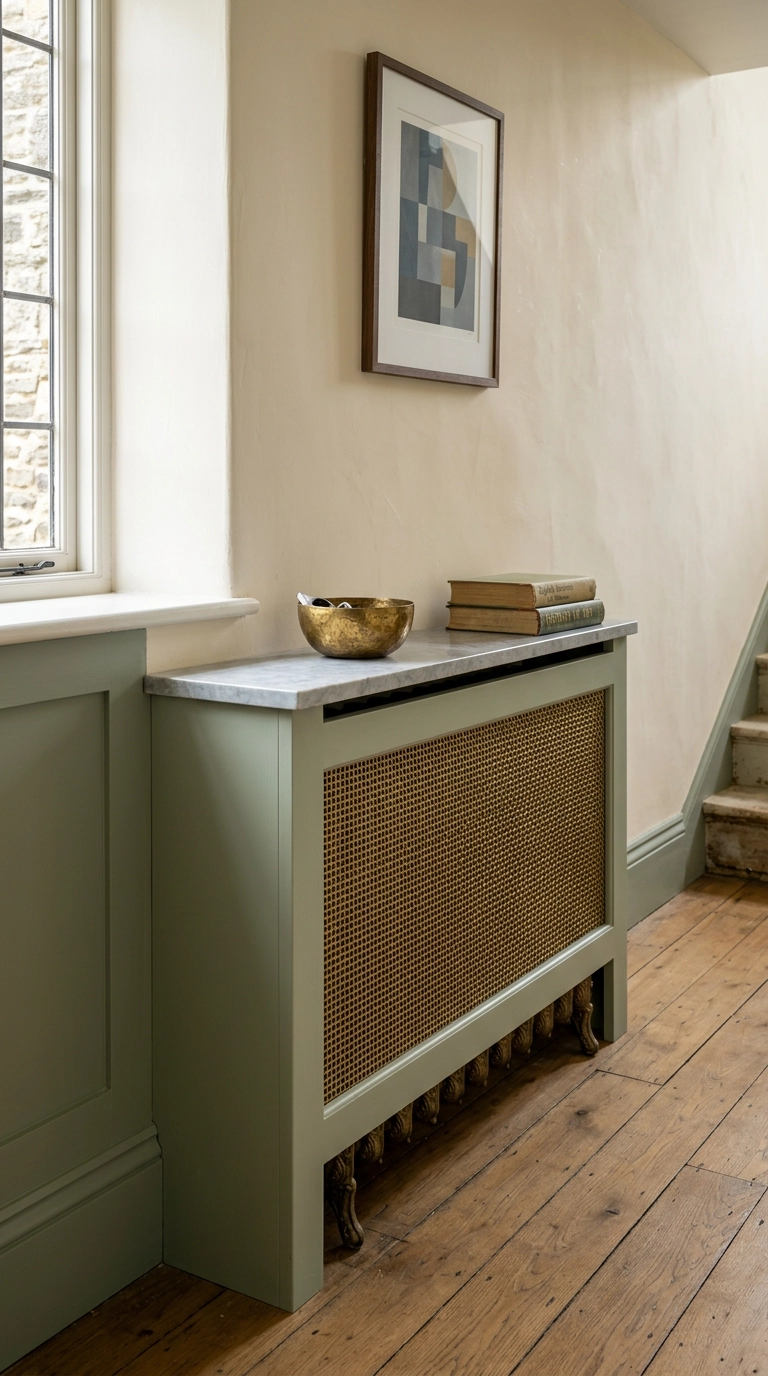 Victorian hallway radiator cover with brass grille and marble shelf top