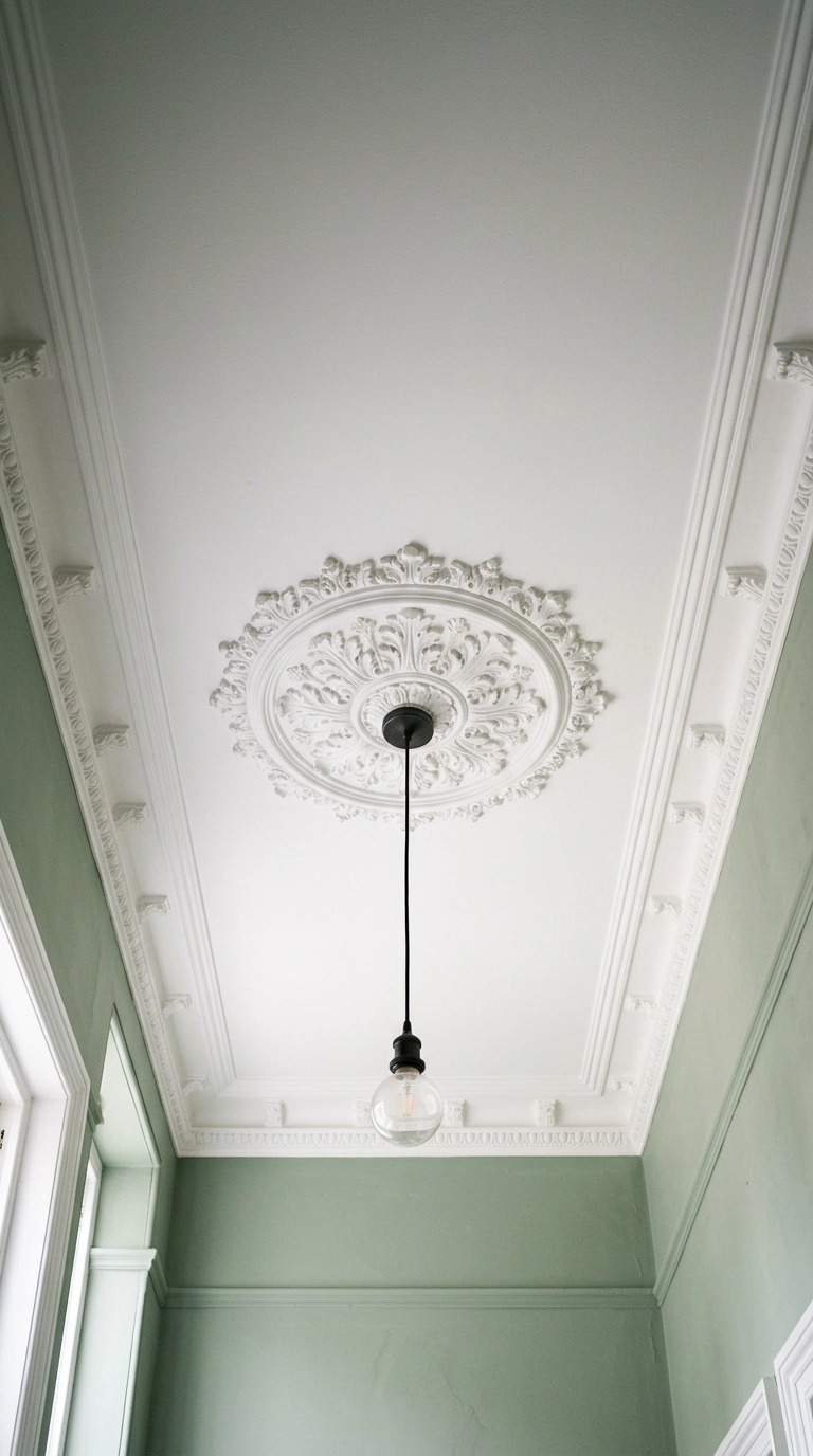 Restored white plaster ceiling medallion and cornice in a Victorian hallway